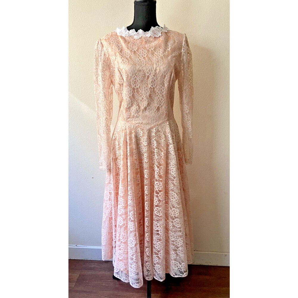 Vintage ‘80s Gunne Sax Peach Lace Dress Prairie Cottagecore Western Small READ